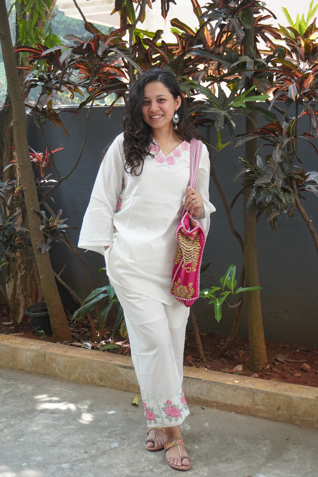White with pink embroidery coord set