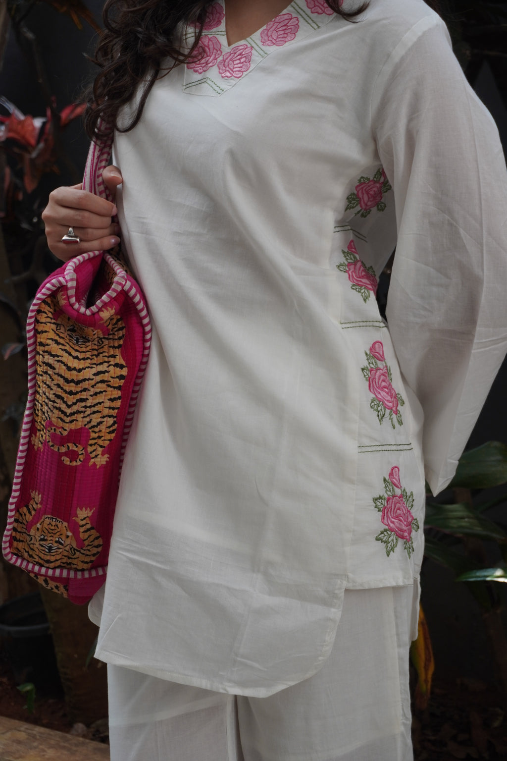 White with pink embroidery coord set