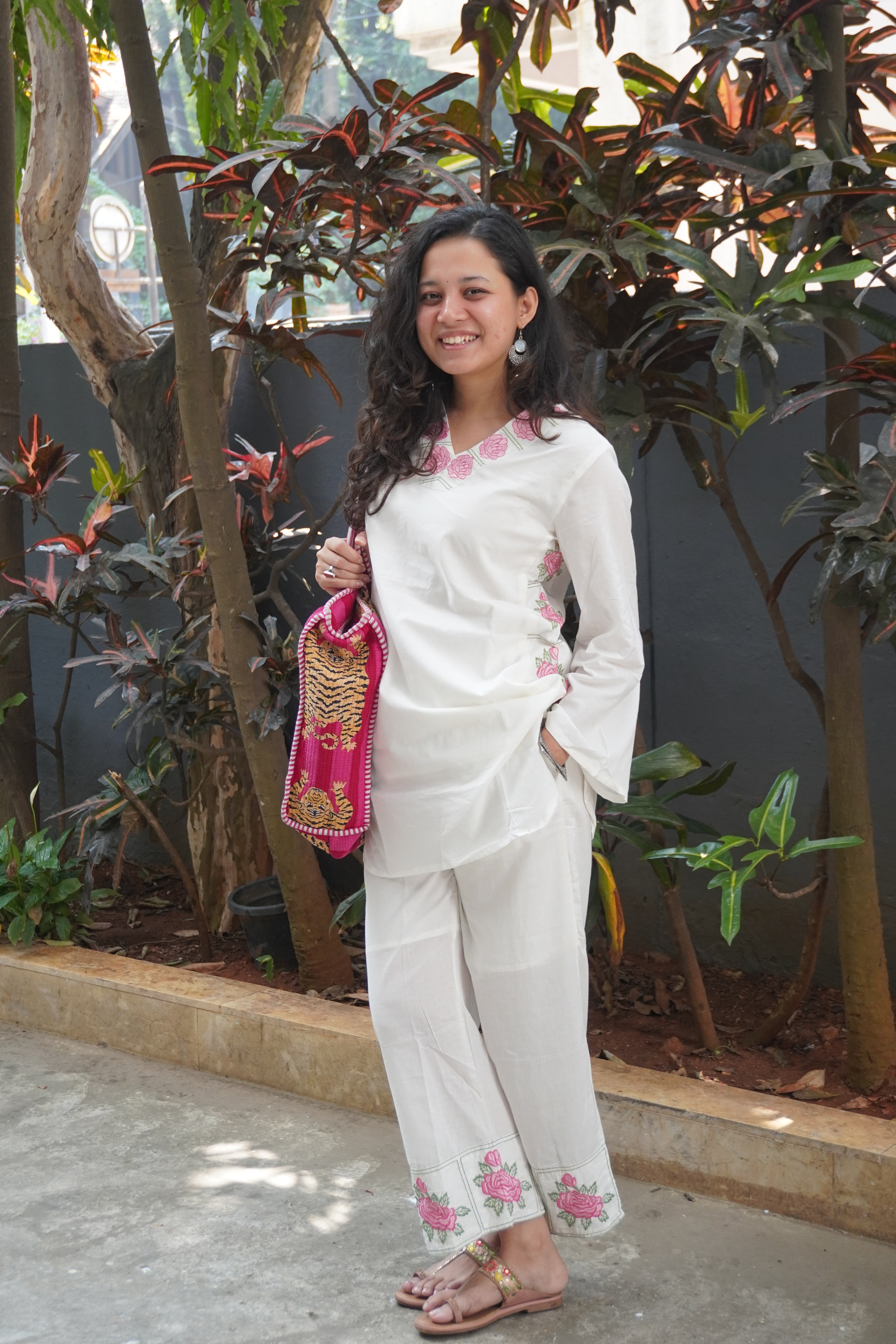 White with pink embroidery coord set