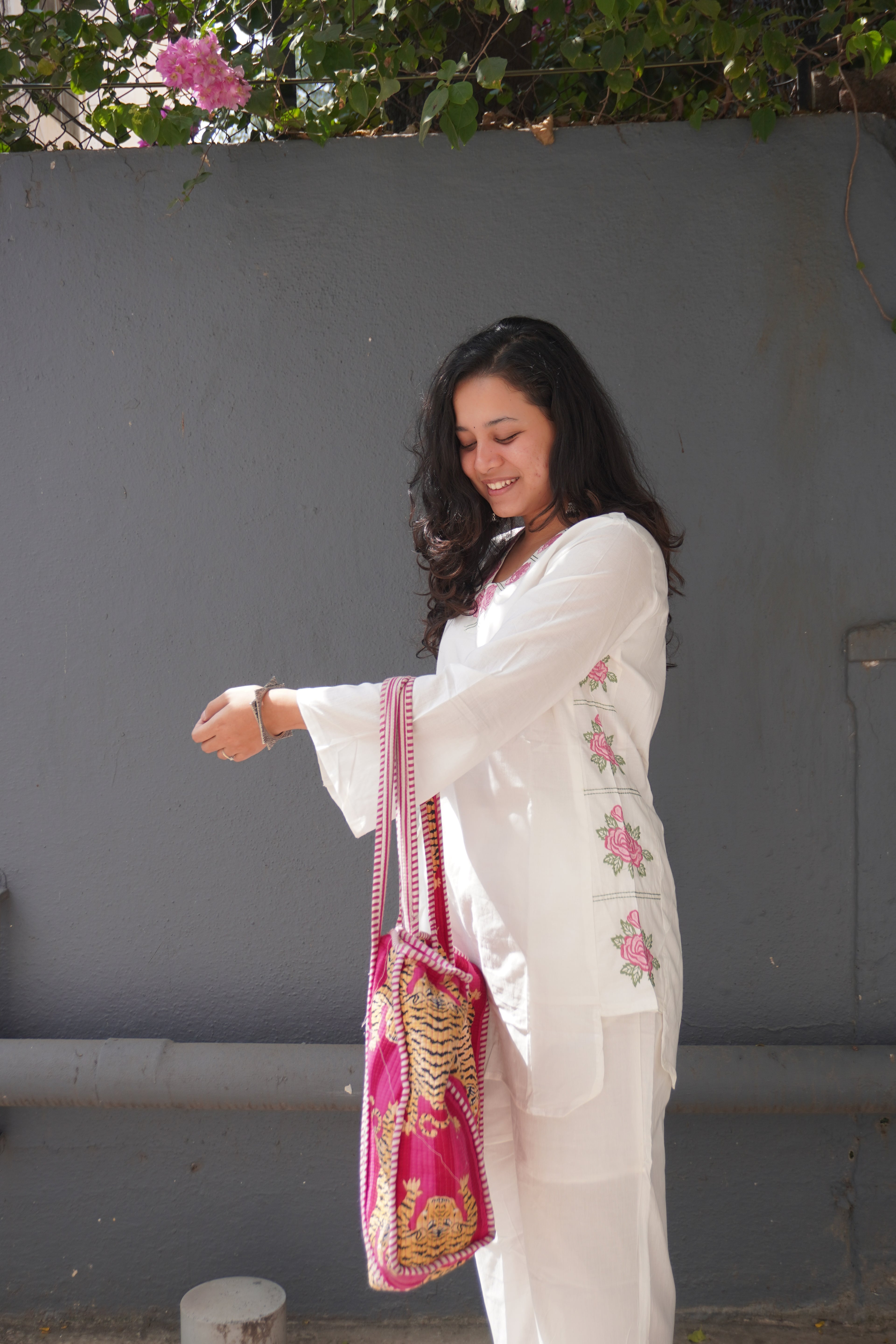 White with pink embroidery coord set