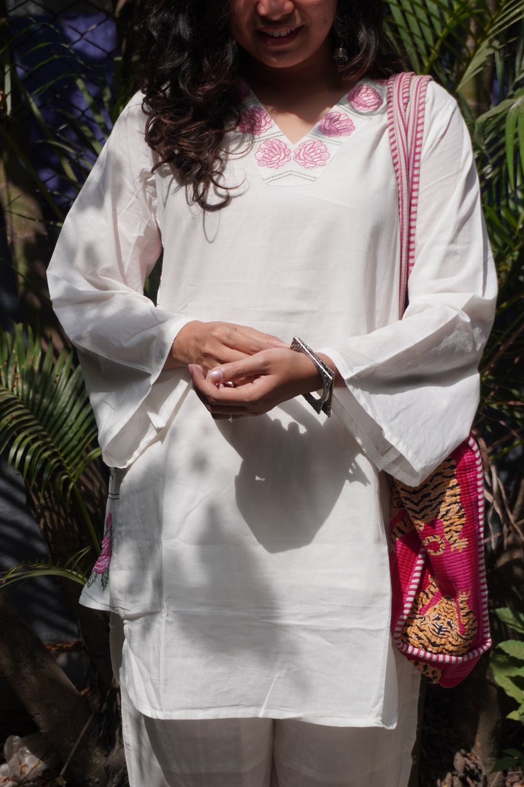 White with pink embroidery coord set