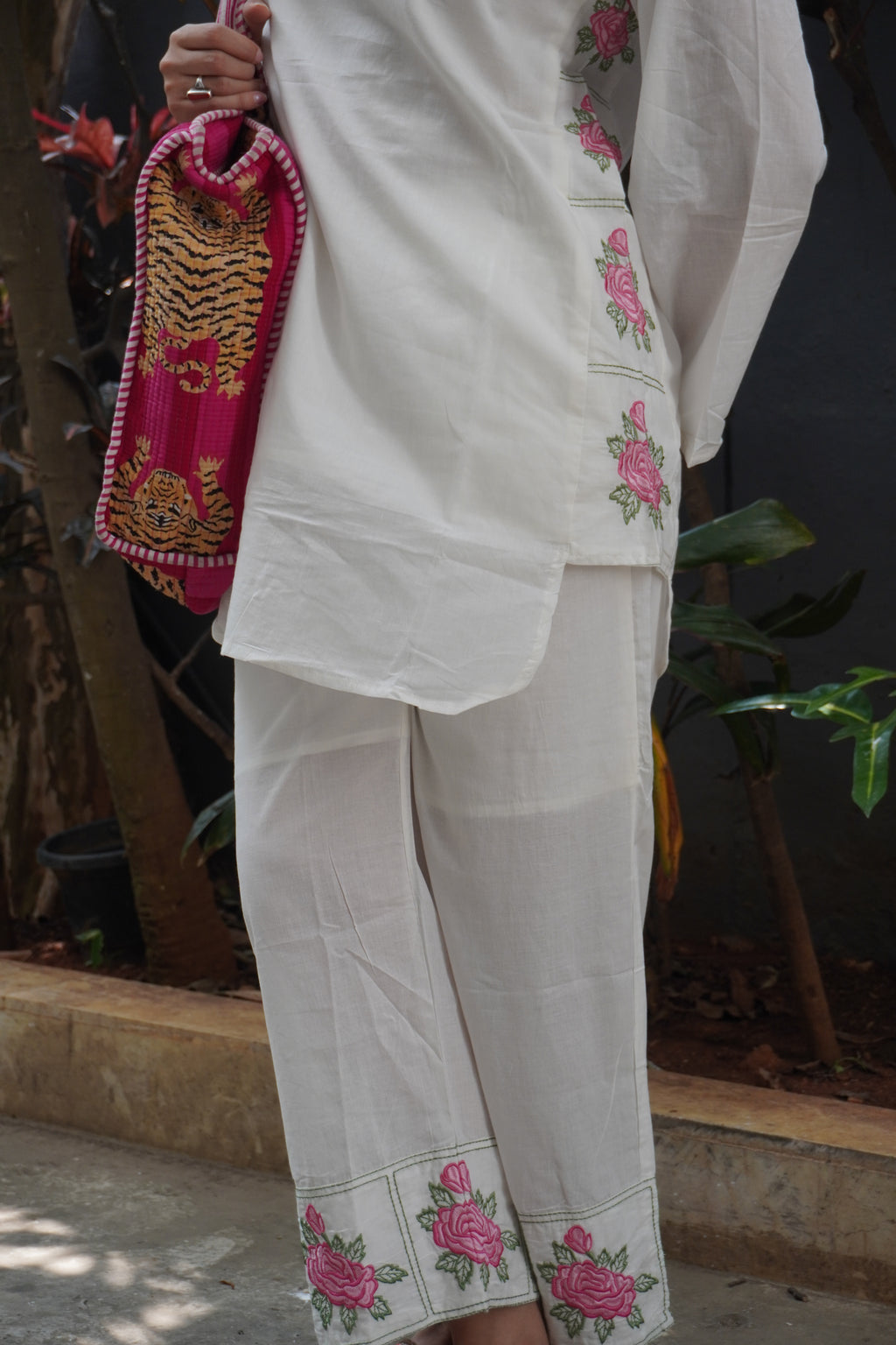 White with pink embroidery coord set